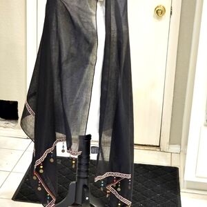 New PIA ROSSINI Black Scarf w French Coins, Trim & Colorful beading. 67…